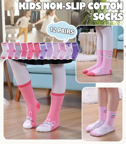 Miniatura 2 de Calcetines antideslizantes para niñas pequeñas, calcetines de algodón con agarres, 12 pares