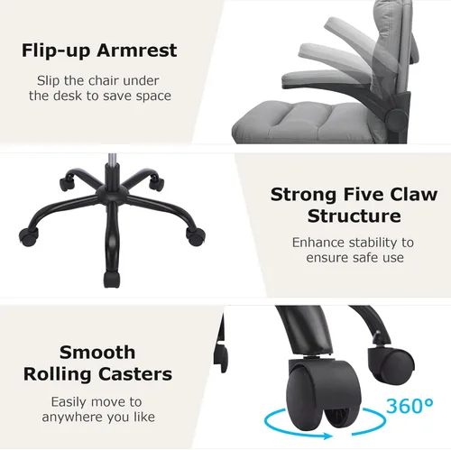 Miniatura 5 de VECELO Silla giratoria ergonómica de escritorio de oficina con reposabrazos abatible y altura ajustable, soporte lumbar y cojín grueso de piel Gris