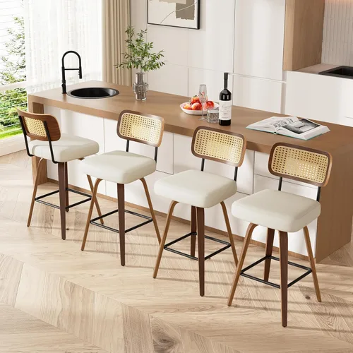Miniatura 40 de Juego de 1 taburete de bar giratorio, taburetes de bar tapizados de 26" de altura para encimera con respaldo de nogal y patas de madera curvada