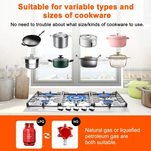 Miniatura 6 de Placa de cocina de gas de 30 pulgadas, 5 quemadores empotrados en estufa de gas, placa de propano convertible NG/LPG, Encendido automático