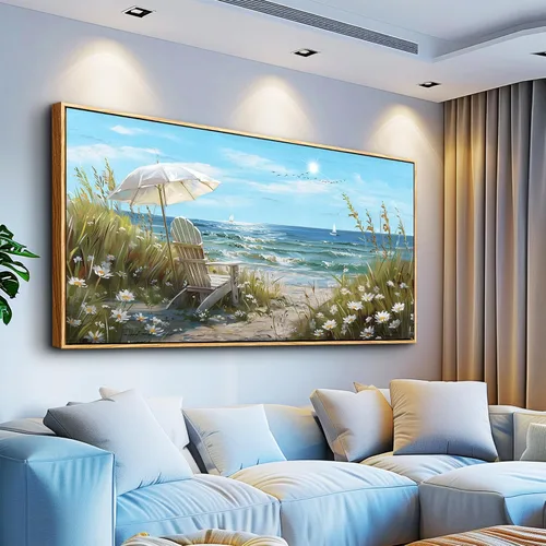 Miniatura 18 de ERQINHUA Gran decoración de pared para sala de estar, arte de pared en lienzo para restaurante, decoraciones para oficina, pinturas de mar azul