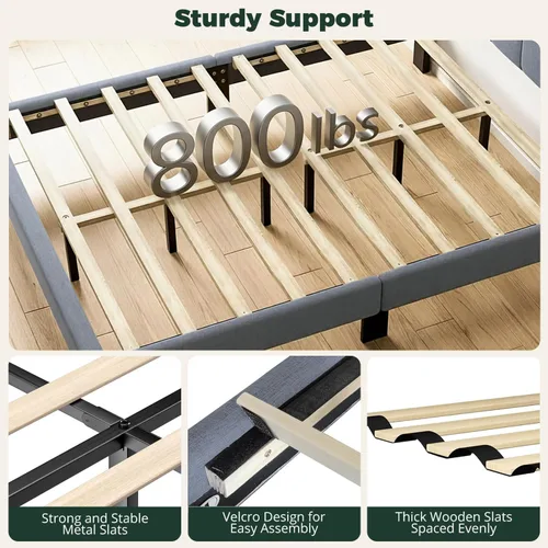 Miniatura 5 de Base de cama matrimonial con cabecera de tela tapizada, fácil montaje, soporte de listones de madera, cabecera ajustable, no necesita somier, sin