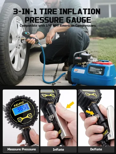 Miniatura 4 de AZUNO Inflador digital de neumáticos con medidor de presión, accesorios de compresor de aire de alta resistencia de 200 PSI, con bloqueo de manguera