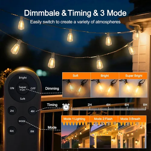 Miniatura 4 de BLIATLUS Guirnalda de luces solares superbrillantes de 100 pies para exteriores, impermeable, con control remoto, 30+2 bombillas LED ST38