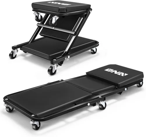 DNA MOTORING Carro plegable 2 en 1 de 36 pulgadas en forma de Z, silla ajustable para garaje puedes acostarte o sentarte, 6 ruedas, capacidad de 330
