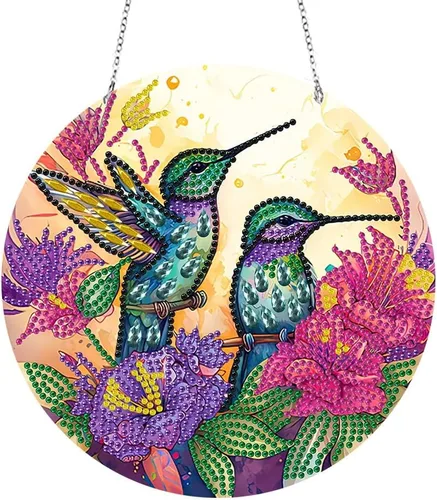 LUSandy Kit de pintura de diamante de colibrí con flores 5D para bricolaje, letrero de arte de pared, colibrí, diamante, atrapasoles, adorno Flores