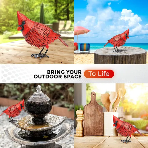 Miniatura 6 de Decoración de jardín de pájaro de metal con estatua cardenal, arte de metal para patio, esculturas y estatuas para exteriores, pájaro rojo grande