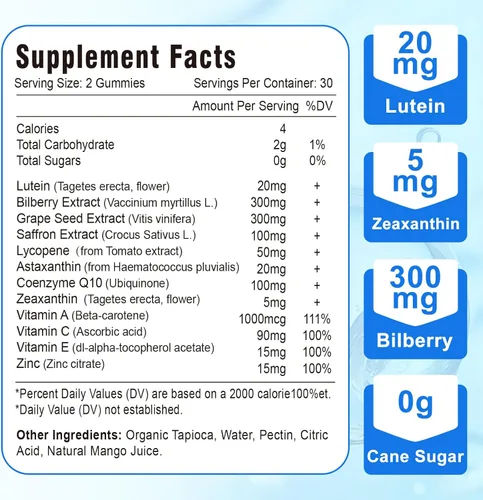 Miniatura 5 de Gomitas de luteína y zeaxantina de 20 mg con arándano, astaxantina, omega 3, vitamina C, E, suplemento de salud ocular sin azúcar para adultos