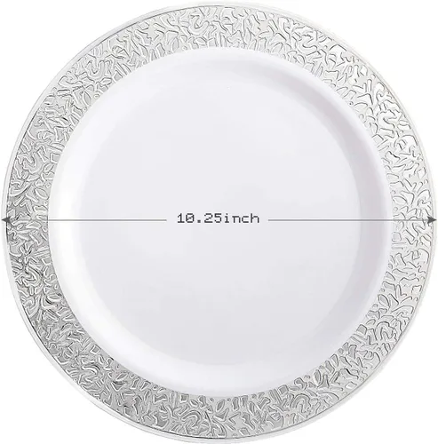 Miniatura 7 de supernal 100 platos de plástico plateado 10.25 para fiesta grande, platos de plástico blanco con borde plateado, platos desechables resistentes
