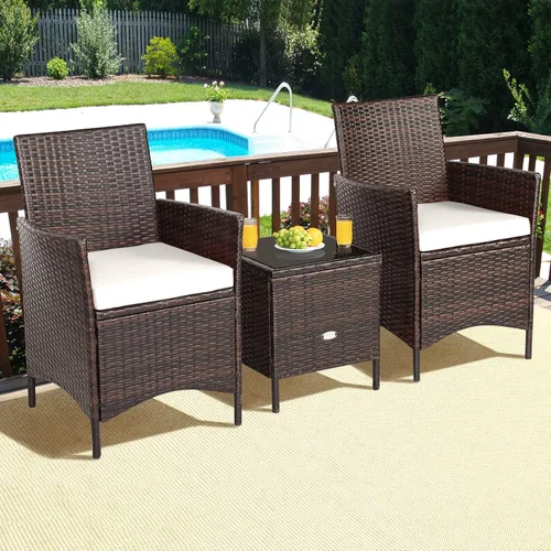 Juego de muebles de patio de 3 piezas, muebles de mimbre para exteriores con cojín resistente al agua y mesa superior de vidrio templado, juego de