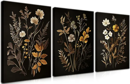 Juego de 3 Arte de Pared de Flores Negras Vintage, Hermosas Impresiones en Lienzo Botánicas de Flores Silvestres, Póster de Pintura Floral de Otoño