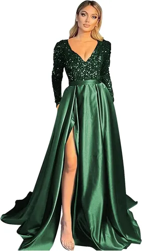 Miao Duo YZTS055 - Vestido de fiesta de graduación con lentejuelas brillantes para mujer, con bolsillos, manga larga, de satén, formal, con