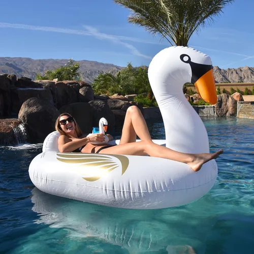 Miniatura 8 de GoFloats Flotadores inflables gigantes para piscina, elige unicornio, dragón, flamenco, cisne o toro, incluye flotador de bebida
