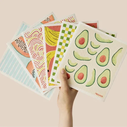 Miniatura 28 de RECYCO Paños suecos para cocina Paquete de 5 trapos geométricos lavables Toallas de papel de limpieza reutilizables de celulosa Paño