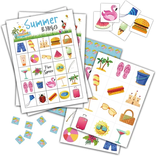 Miniatura 7 de Juego de bingo de playa, juegos de fiesta temática de verano tropical con 24 jugadores, actividades de suministros hawaianos, recuerdos de fiesta