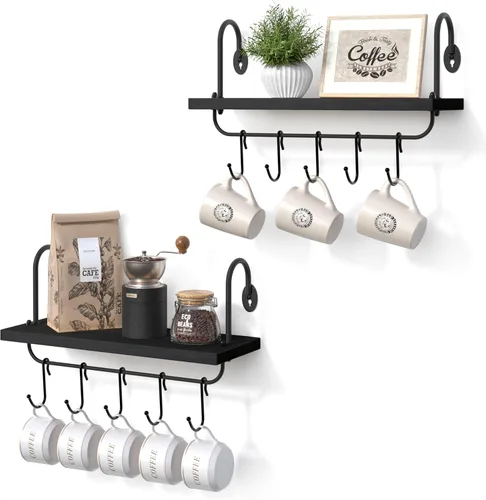 Olakee Estantes flotantes de pared para cocina, baño, rincón de café con 10 ganchos ajustables para tazas, utensilios de cocina o toallas, estantes