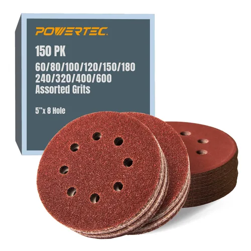 Miniatura 10 de POWERTEC 25PK, 40 Granos, Discos de Lijado de 5 Pulgadas - Gancho y Bucle, Discos de Lijado de Óxido de Aluminio de 5 Pulgadas de 8 Agujeros