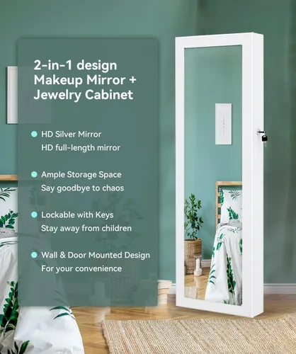 Miniatura 3 de VUMALL Armario de joyería con espejo 2 en 1 con cerradura con espejo de cuerpo completo, 2 cajones, almacenamiento de maquillaje montado en la pared