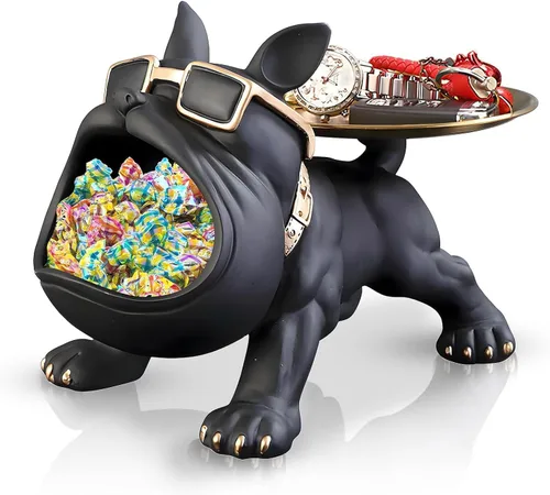 Estatua de bandeja de bulldog francés de resina Huhote, plato de caramelos y llavero de bulldog, accesorios de bulldog francés, estatuas para