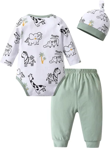 Miniatura 58 de Conjunto de 3 piezas de ropa de bebé recién nacido con estampado de manga larga + pantalones + sombrero