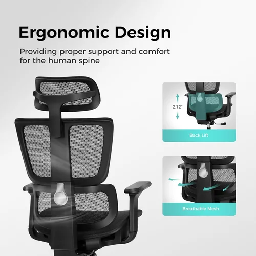 Miniatura 5 de ALPHA HOME Silla de oficina ergonómica con reposapiés, silla de computadora de malla de respaldo alto con soporte lumbar, altura ajustable