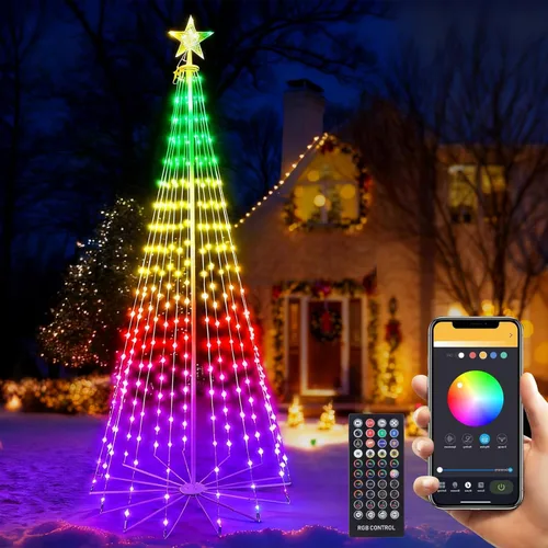Árbol de cono de Navidad RGB inteligente de 8 pies, árbol artificial iluminado con 340 luces LED con sincronización de música, temporizador de