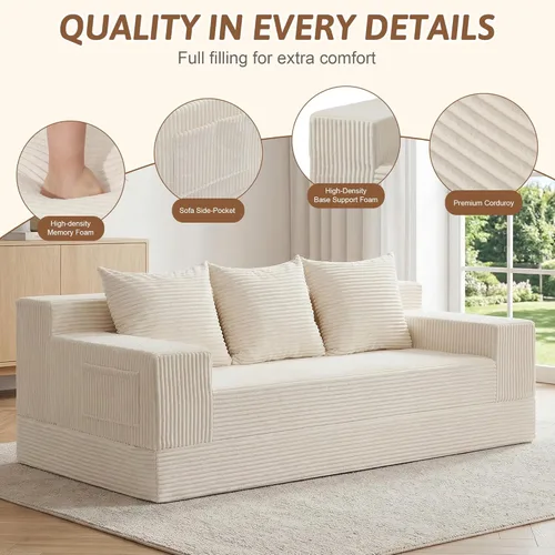Miniatura 4 de Sofá cama convertible de 78 pulgadas, sofá futón plegable de esponja de alta densidad, sofá sin hueso, sofá cama de 3 plazas con 3 almohadas