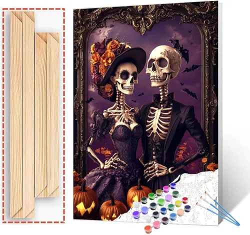 Miniatura 36 de Pintura por números para parejas tomadas de la mano, para adultos, principiantes, Día de los Muertos, Esqueleto, Pintura por números sobre lienzo