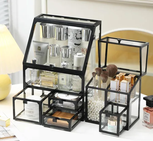 Miniatura 3 de MOOCHI Organizador de maquillaje negro de 3 piezas para Vantity, vidrio, organizador de cuidado de la piel, cajones, organizador de cepillos