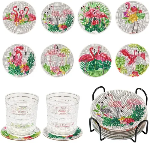 Miniatura 12 de FASHEWELRY 8 posavasos de arte de diamante con soporte para abejas, kit de posavasos de pintura de diamantes para bebidas, kits de arte de diamantes