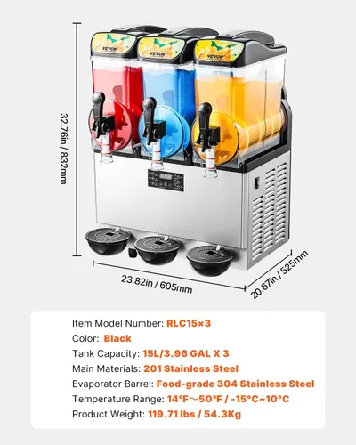 Miniatura 7 de VEVOR - Máquina comercial de bebidas heladas, tanque triple de 3x15L, máquina de margaritas, 180 tazas, máquina de batidos y bebidas heladas