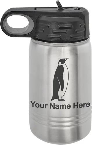 Miniatura 43 de LaserGram Botella de agua personalizada, pingüino, acero inoxidable de doble pared aislada al vacío con popote superior, regalo grabado