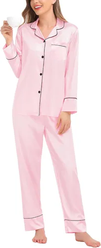 Miniatura 3 de SWOMOG Pijama de satén para mujer, de manga larga, de seda, suave, con botones, tallas S-XXL