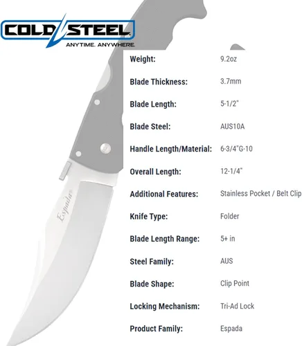 Miniatura 5 de Cold Steel Espada AUS10A - Cuchillo plegable de bolsillo táctico con cuchillas ultraafiladas de acero negro mate G-10 con bloqueo Tri-Ad