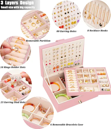 Miniatura 137 de Joyero de pendientes para mujeres y niñas, organizador de aretes de 5 capas, caja organizadora de joyas blanca con candado, collares y aretes