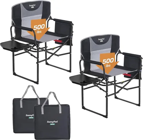 SUNNYFEEL Silla de directores de campamento de gran tamaño de 500 libras resistente, silla plegable portátil con mesa auxiliar, bolsillo para playa,