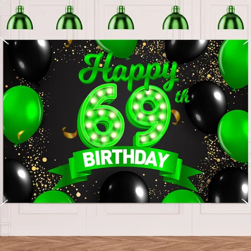 Miniatura 60 de Cartel de feliz cumpleaños 26 verde y negro, telón de fondo con texto en inglés "Cheers to 26 years old confeti", globos de confeti, decoración