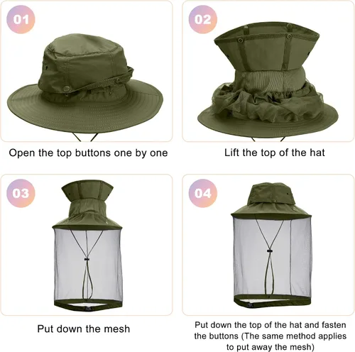 Miniatura 3 de Yoption Head Net Hat, Sun Hat Bucket Hat with Hidden Net Mesh for Men Women Outdoors Beekeeping Fishing Hiking Caqui