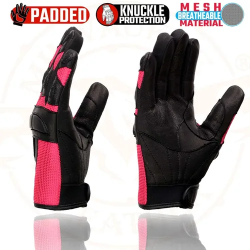 Miniatura 4 de Milwaukee Leather MG7740 - Guantes de moto de carreras de cuero negro y malla verde neón con nudillos y dedos acolchados para mujer Rosado