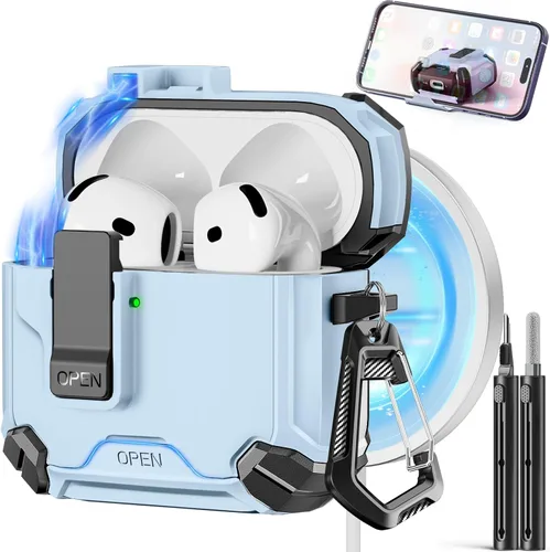 Miniatura 14 de Pohgelan - Funda compatible con AirPods Pro 2ª/1ª (azul) Cerradura magnética automática con kit de limpieza, compatible con Magsafe