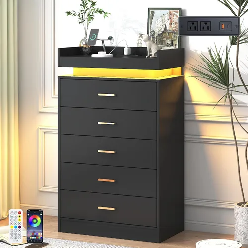 jiteentarou Cómoda de 5 cajones con estación de carga y luces LED, cómoda moderna con toma de corriente, armario organizador para dormitorio, sala