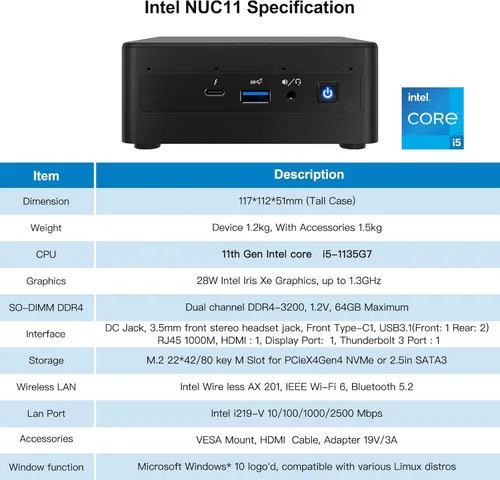 Miniatura 4 de NUC 11 Panther Canyon NUC11PAHi5 Mini PC para Intel NUC 11 con Intel Core i5-1135G7 (16GB RAM+512GB NVMe SSD) hasta 4.2GHz Turbo, 4core,28W