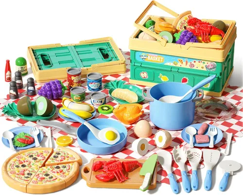 80 piezas de juego de cocina, juego de cocina de imitación para niños pequeños con ollas, sartenes, utensilios de cocina, alimentos, manta de