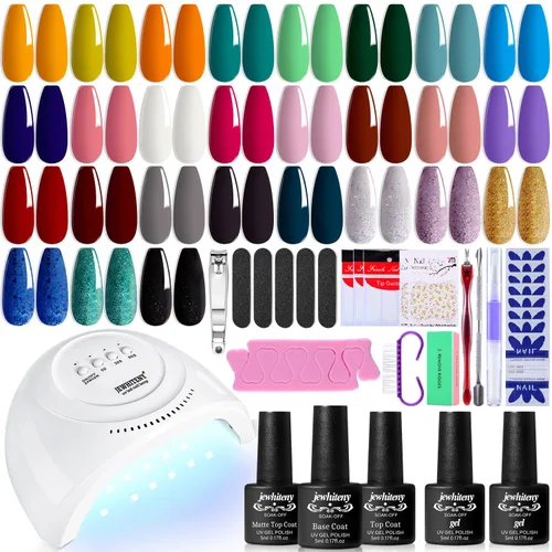Miniatura 10 de JEWHITENY Juego de 30 esmaltes de uñas de 27 colores, verde, azul, rosa, naranja, Gitter Sock Off Gel Polish con capa base superior mate y brillante