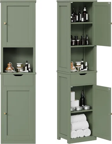 Miniatura 9 de Shintenchi Armario de almacenamiento alto para baño, gabinete de piso delgado de esquina con puertas y cajón, organizador de baño estrecho Blanco