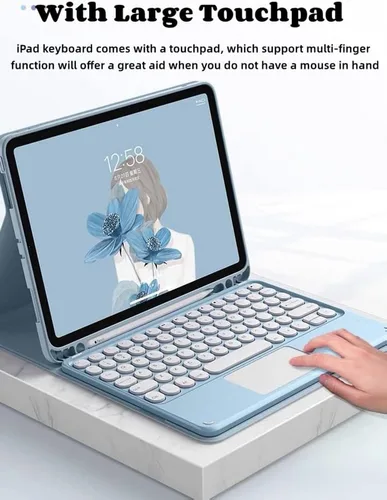 Miniatura 2 de Funda de teclado para iPad 10.2 para 9/iPad 8/iPad 7 (2021/2020/2019) Touchpad desmontable con soporte para lápices, funda inteligente de cuero Azul