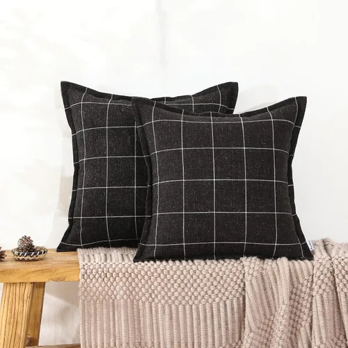 Juego de 2 fundas de almohada de lino a cuadros blancos y negros de estilo bohemio, 16 x 16 pulgadas, color negro