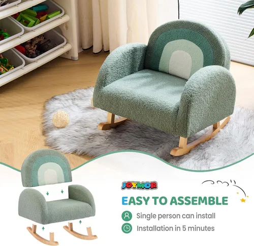 Miniatura 7 de JOYMOR Silla para niños, mecedora de forro polar con patas de madera maciza, diseño antipuntas, sofá infantil para guardería, sala de juegos, verde
