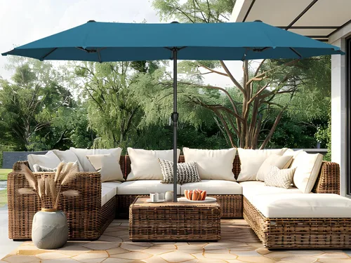 Miniatura 9 de PHI VILLA Sombrilla Grande de Patio de 13 Pies de Doble Cara Gemela para Mercado Exterior con Manivela, Beige