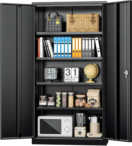 Miniatura 28 de INTERGREAT Gabinete de almacenamiento de acero con cerradura, gabinetes de almacenamiento de metal con cerradura con 2 estantes ajustables, gabinete